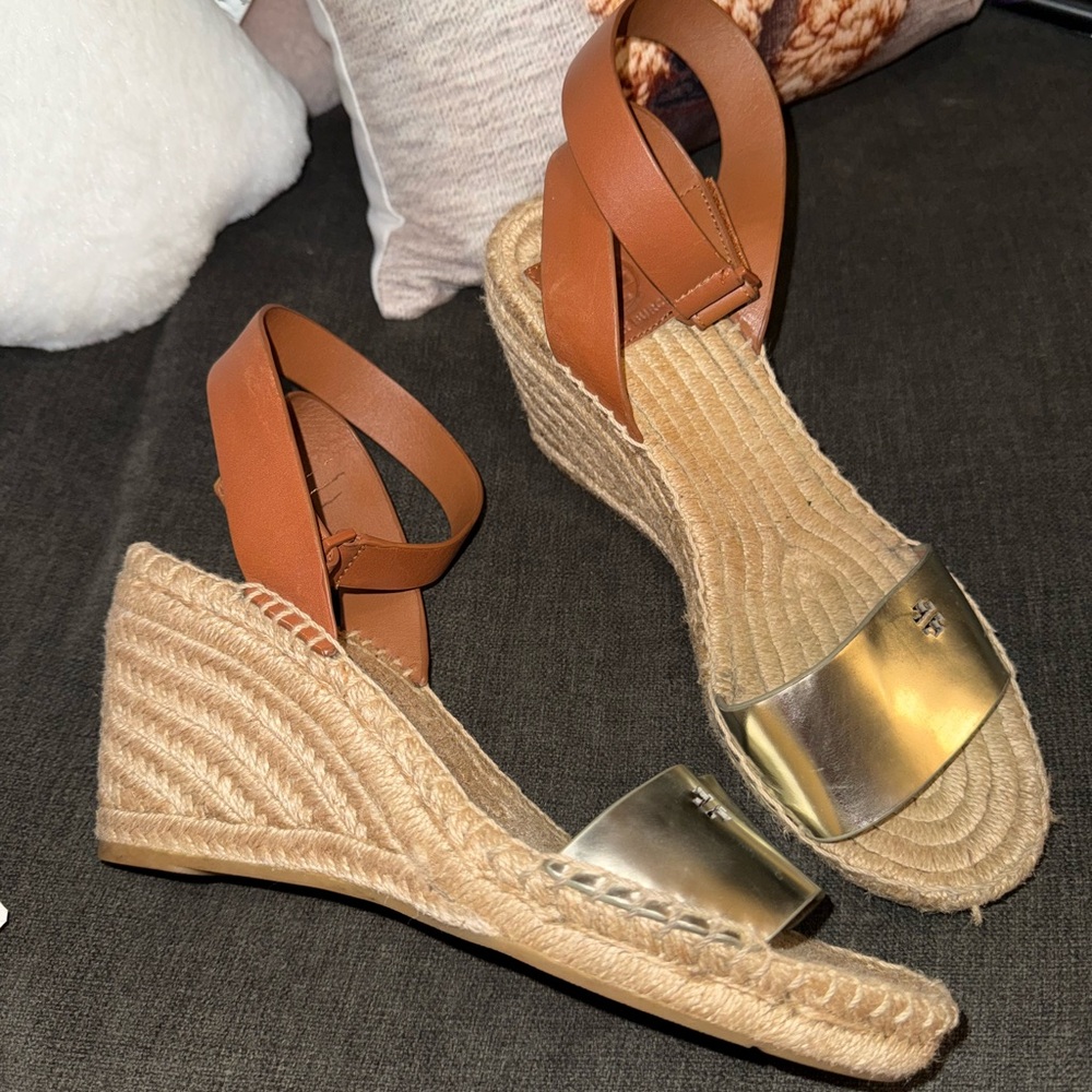 Tory Burch Tan and Gold Espadrille Wedges